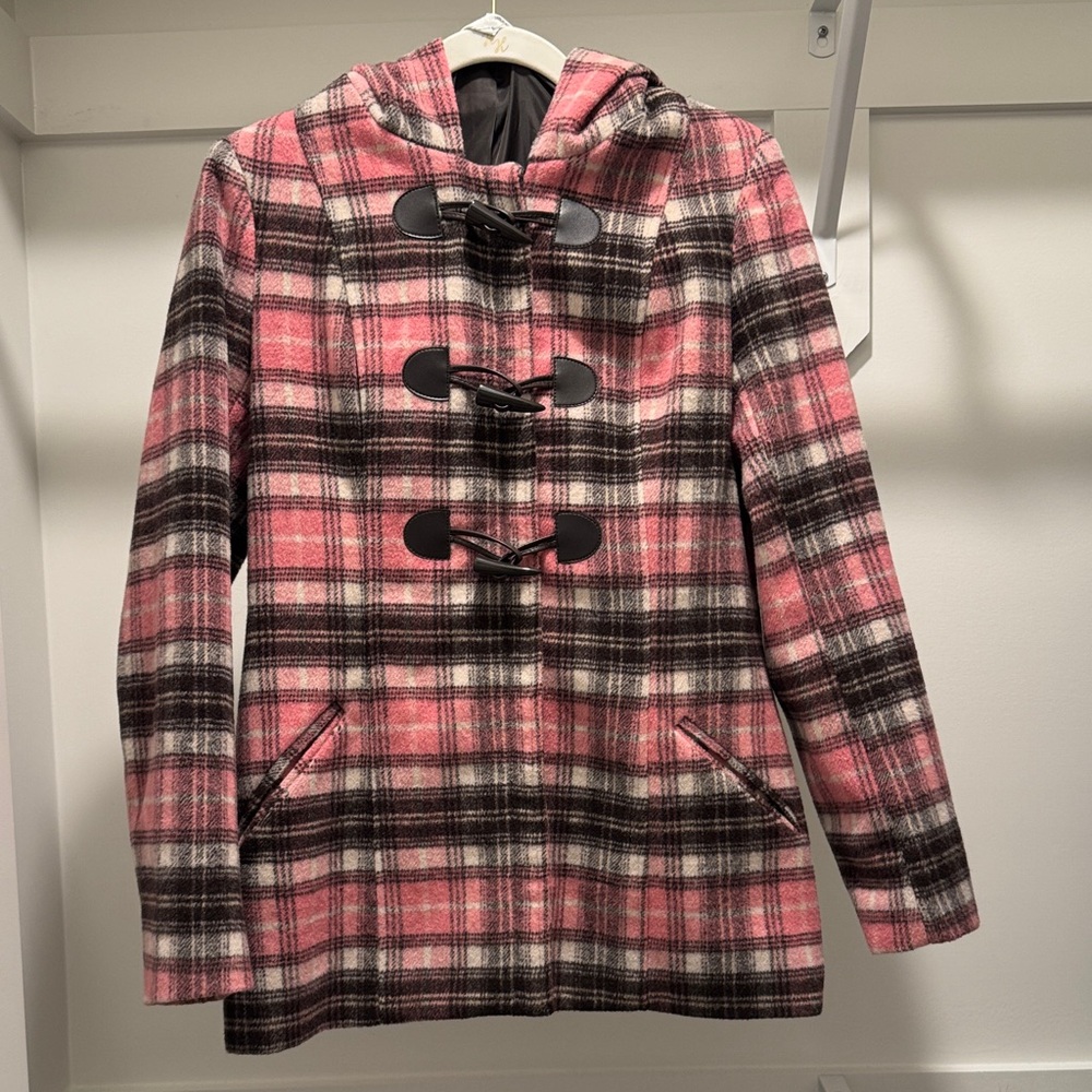 NY&Co Pink and Chocolate Brown Plaid Coat